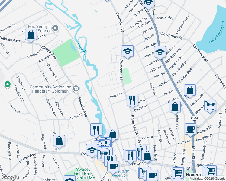 map of restaurants, bars, coffee shops, grocery stores, and more near 17 Norfolk Street in Haverhill