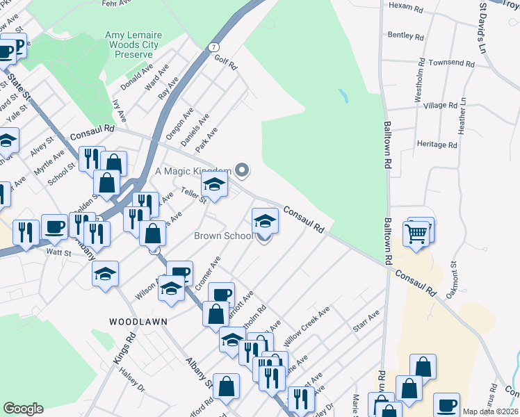 map of restaurants, bars, coffee shops, grocery stores, and more near 2815 Consaul Road in Schenectady
