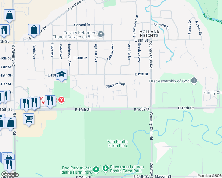 map of restaurants, bars, coffee shops, grocery stores, and more near 317 Stratford Way in Holland