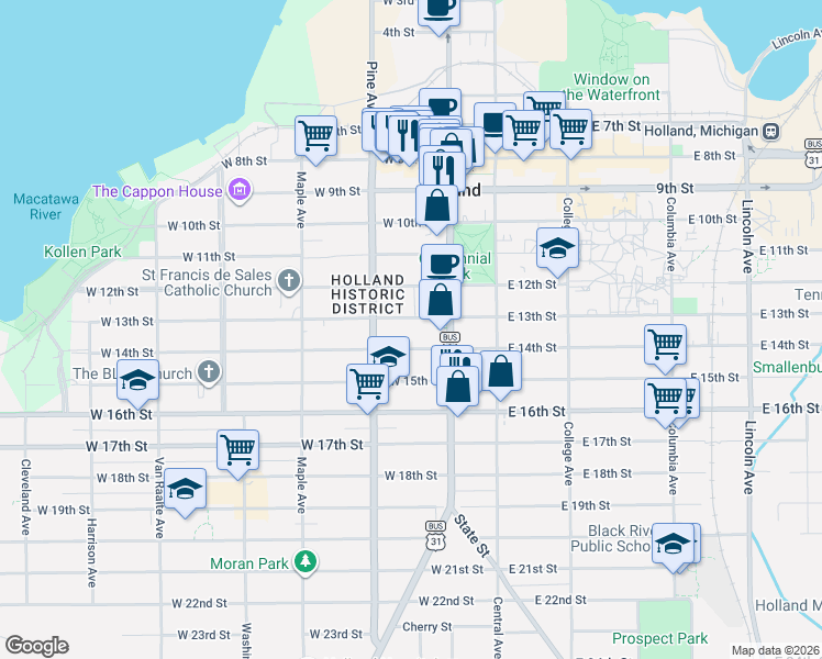 map of restaurants, bars, coffee shops, grocery stores, and more near 69 West 13th Street in Holland