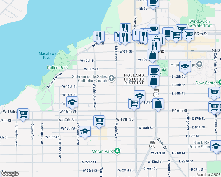 map of restaurants, bars, coffee shops, grocery stores, and more near 171 West 13th Street in Holland