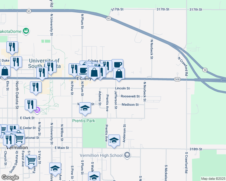 map of restaurants, bars, coffee shops, grocery stores, and more near 601-699 Jefferson St in Vermillion