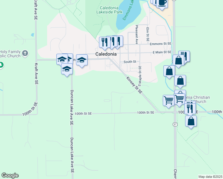 map of restaurants, bars, coffee shops, grocery stores, and more near 245 Kinsey Street Southeast in Caledonia