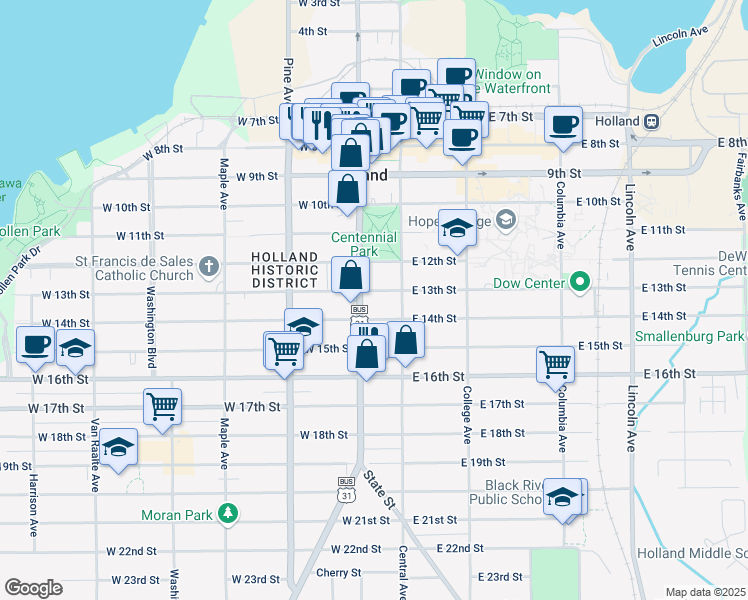 map of restaurants, bars, coffee shops, grocery stores, and more near 311 South River Avenue in Holland