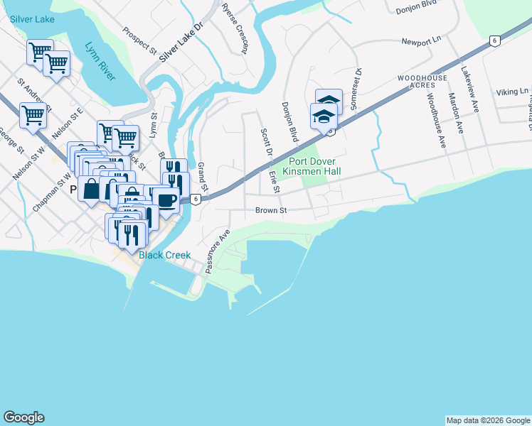 map of restaurants, bars, coffee shops, grocery stores, and more near 52 Brown Street in Port Dover