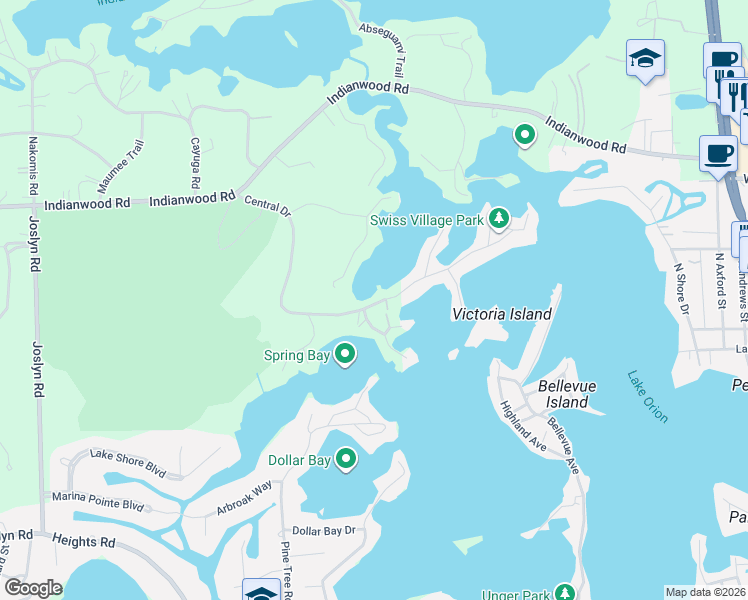 map of restaurants, bars, coffee shops, grocery stores, and more near 804 Central Drive in Orion charter Township