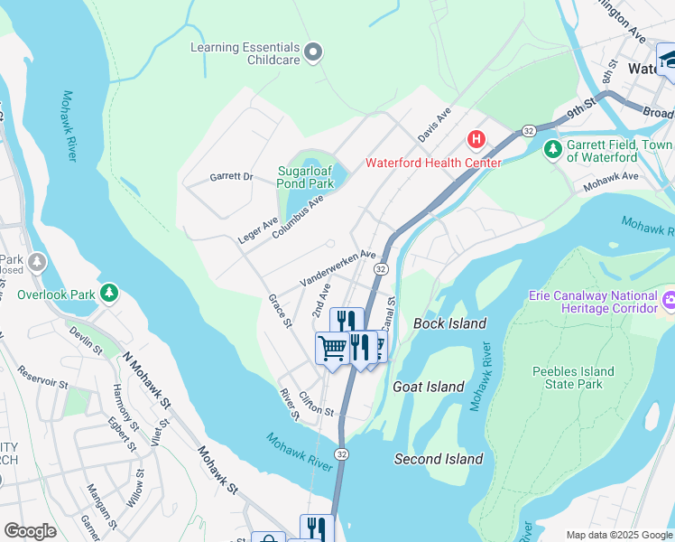 map of restaurants, bars, coffee shops, grocery stores, and more near 32 Vanderwerken Avenue in Waterford