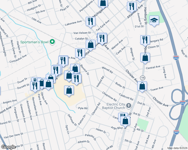 map of restaurants, bars, coffee shops, grocery stores, and more near 1100 Wavell Road in Schenectady