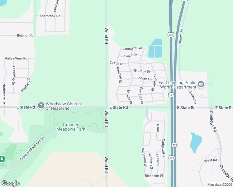 map of restaurants, bars, coffee shops, grocery stores, and more near 15849 Wood Road in Lansing