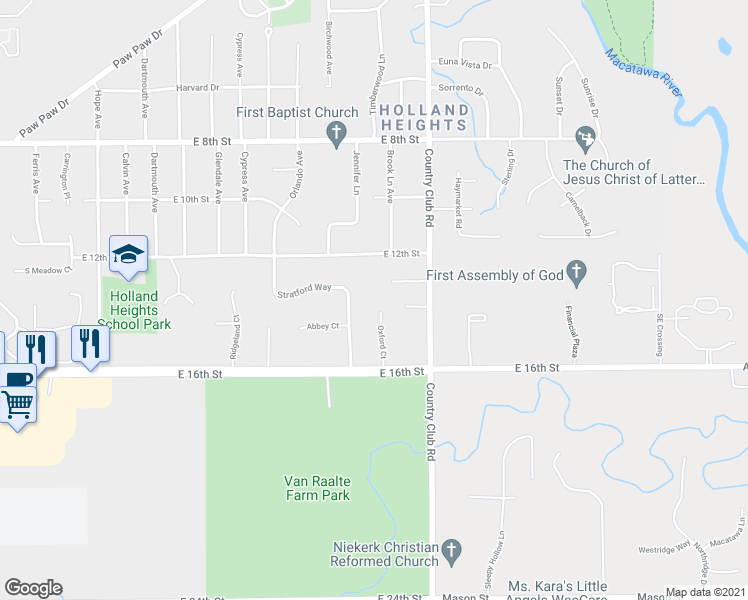 map of restaurants, bars, coffee shops, grocery stores, and more near 1134 Country Lane in Holland