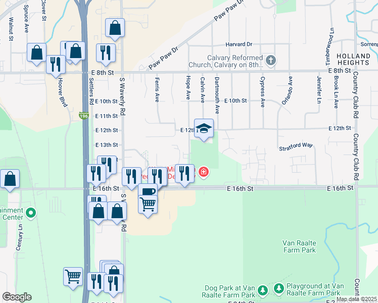 map of restaurants, bars, coffee shops, grocery stores, and more near 287-351 Hope Avenue in Holland