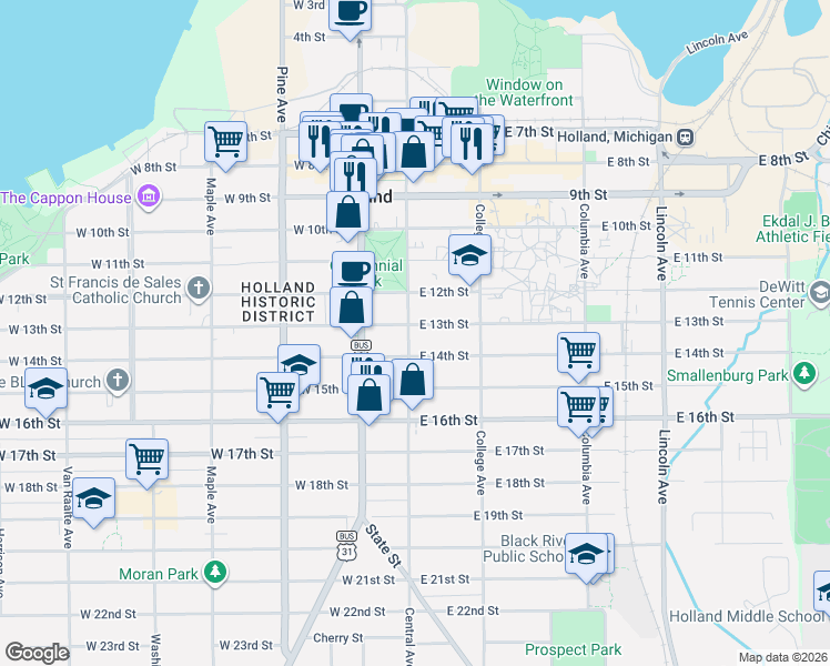 map of restaurants, bars, coffee shops, grocery stores, and more near 3 West 13th Street in Holland