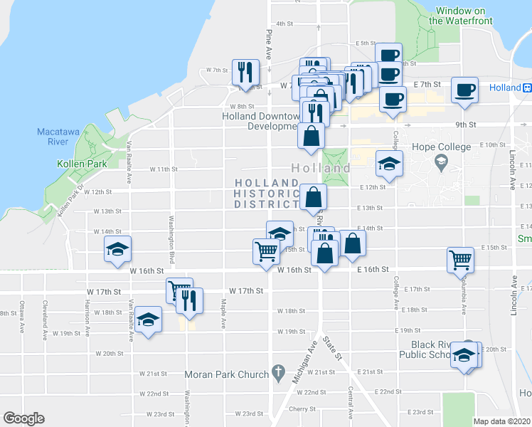 map of restaurants, bars, coffee shops, grocery stores, and more near 303 Pine Avenue in Holland