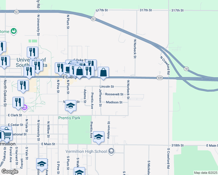 map of restaurants, bars, coffee shops, grocery stores, and more near 1210 Lincoln Street in Vermillion