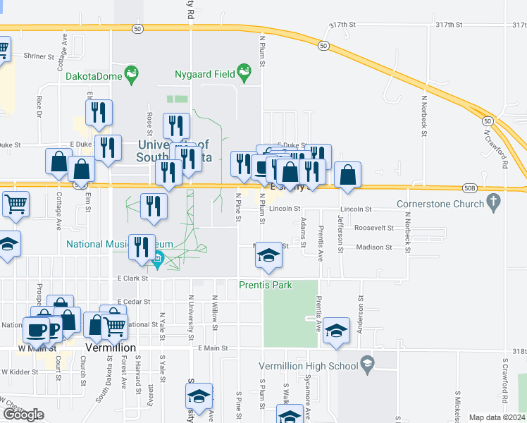 map of restaurants, bars, coffee shops, grocery stores, and more near 723 East Cherry Street in Vermillion