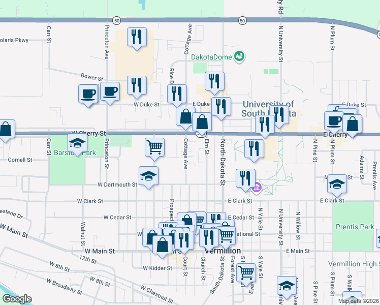 map of restaurants, bars, coffee shops, grocery stores, and more near 530 Elm Street in Vermillion
