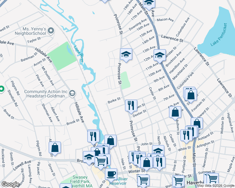 map of restaurants, bars, coffee shops, grocery stores, and more near 1 Norfolk Street in Haverhill