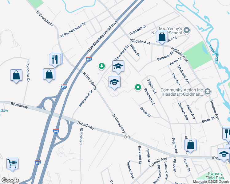 map of restaurants, bars, coffee shops, grocery stores, and more near 137 Monument Street in Haverhill