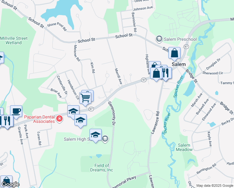 map of restaurants, bars, coffee shops, grocery stores, and more near 242 Main Street in Salem