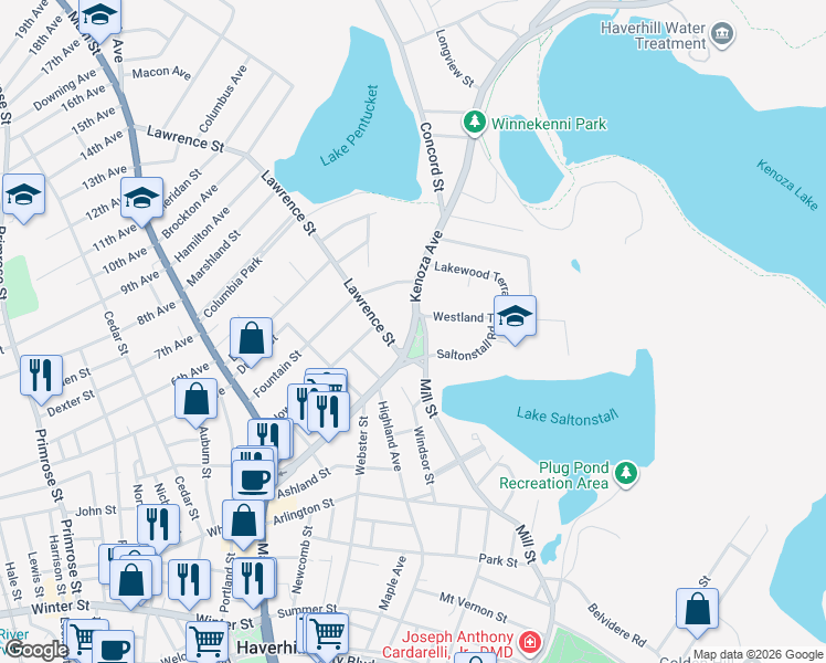 map of restaurants, bars, coffee shops, grocery stores, and more near 206 Kenoza Avenue in Haverhill