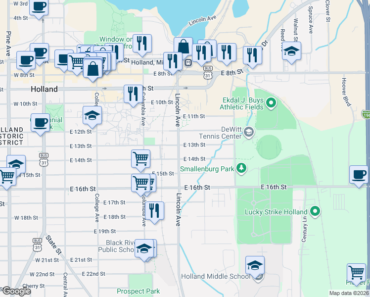 map of restaurants, bars, coffee shops, grocery stores, and more near 311 Lincoln Avenue in Holland