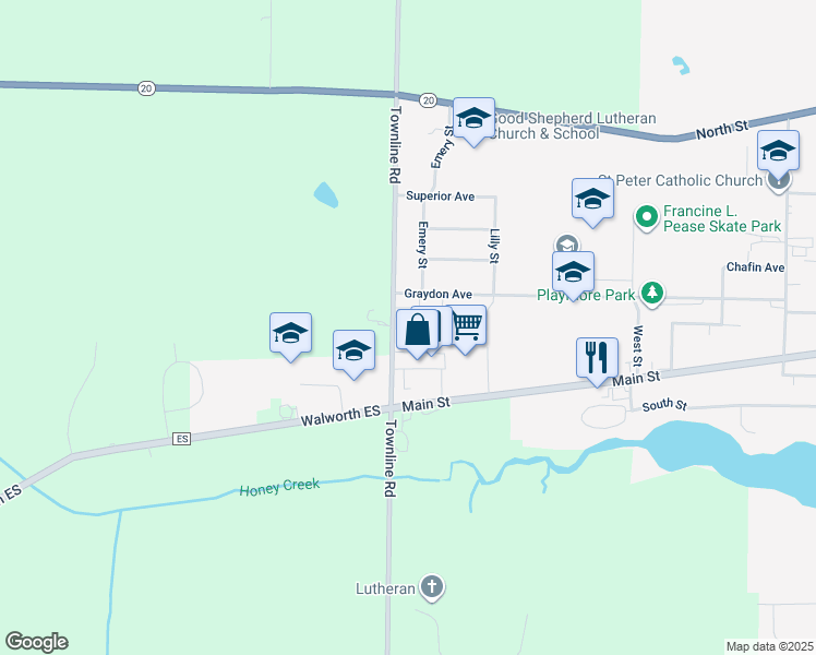 map of restaurants, bars, coffee shops, grocery stores, and more near 2076 Townline Road in East Troy