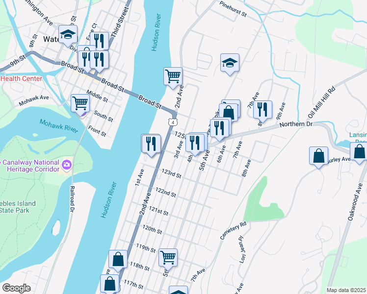 map of restaurants, bars, coffee shops, grocery stores, and more near 877 3rd Avenue in Troy