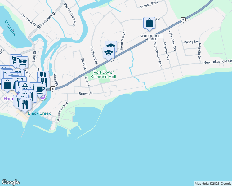 map of restaurants, bars, coffee shops, grocery stores, and more near 104 Brown Street in Port Dover