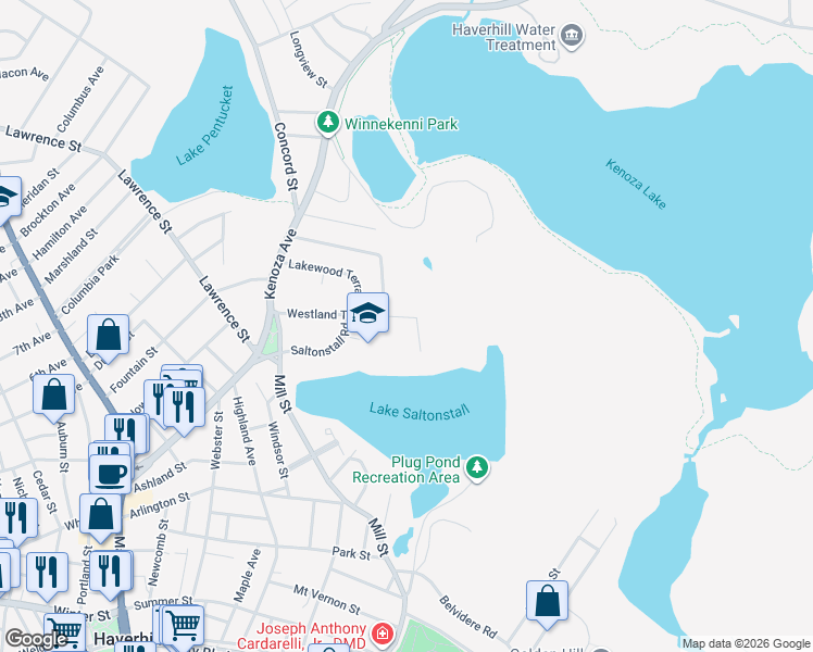 map of restaurants, bars, coffee shops, grocery stores, and more near 55 Westland Terrace in Haverhill