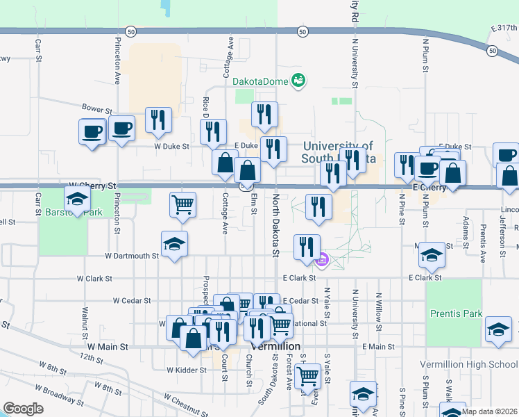 map of restaurants, bars, coffee shops, grocery stores, and more near 601 Elm Street in Vermillion