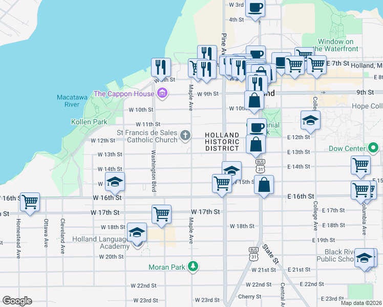 map of restaurants, bars, coffee shops, grocery stores, and more near Maple Ave & W 13th St in Holland