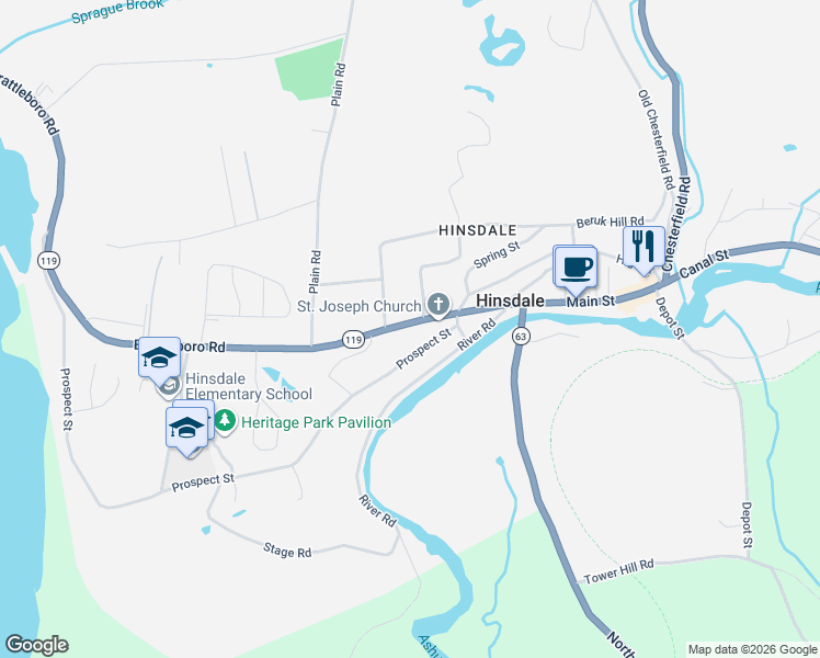 map of restaurants, bars, coffee shops, grocery stores, and more near 49 Brattleboro Road in Hinsdale
