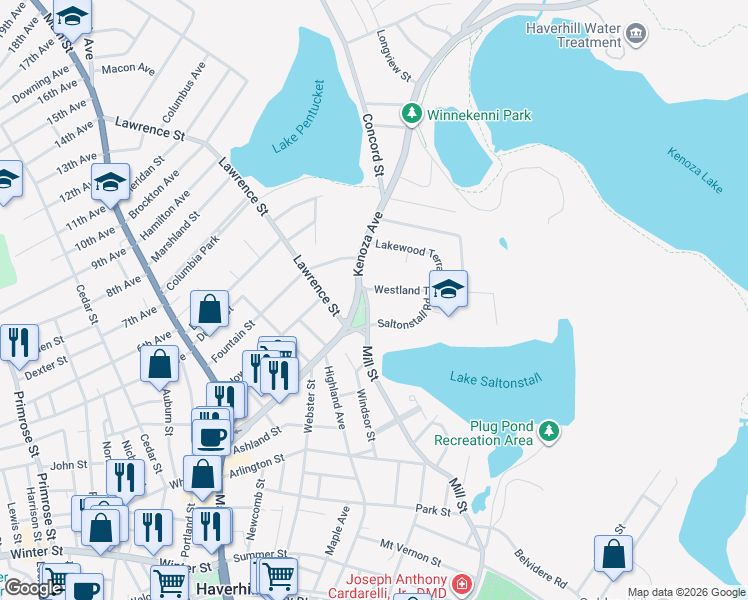 map of restaurants, bars, coffee shops, grocery stores, and more near 206 Kenoza Avenue in Haverhill