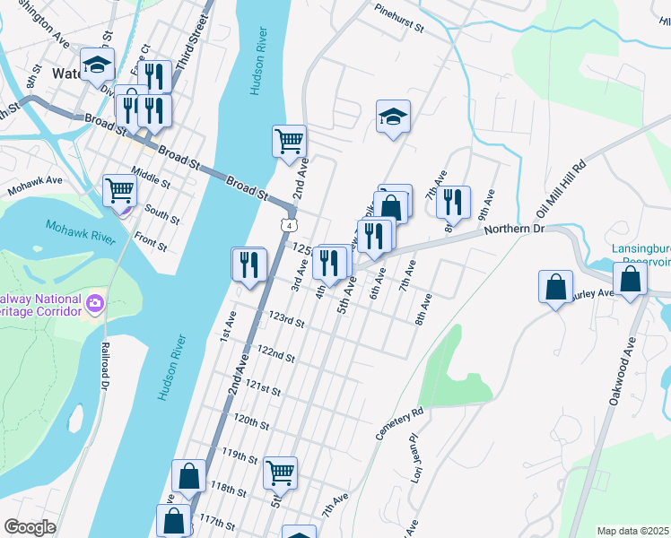 map of restaurants, bars, coffee shops, grocery stores, and more near 887 4th Avenue in Troy