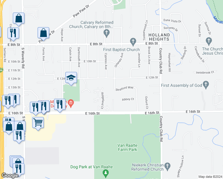 map of restaurants, bars, coffee shops, grocery stores, and more near 315 Ridgeland Court in Holland