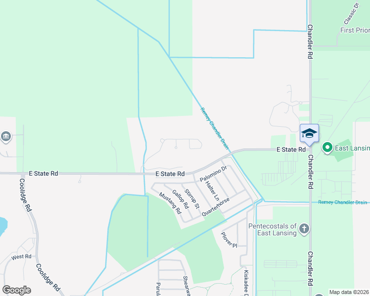 map of restaurants, bars, coffee shops, grocery stores, and more near 595 Ibis Circle in East Lansing