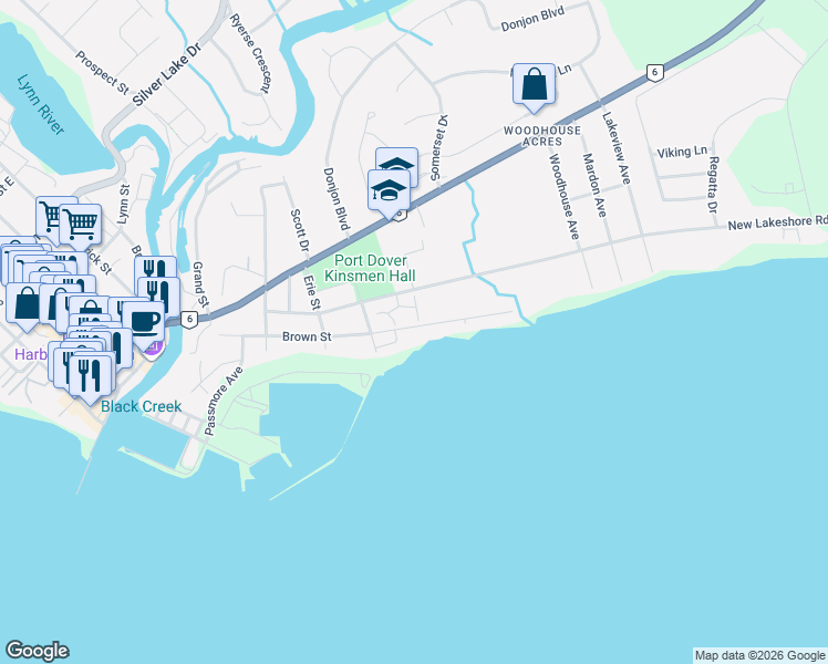 map of restaurants, bars, coffee shops, grocery stores, and more near 108 Brown Street in Port Dover