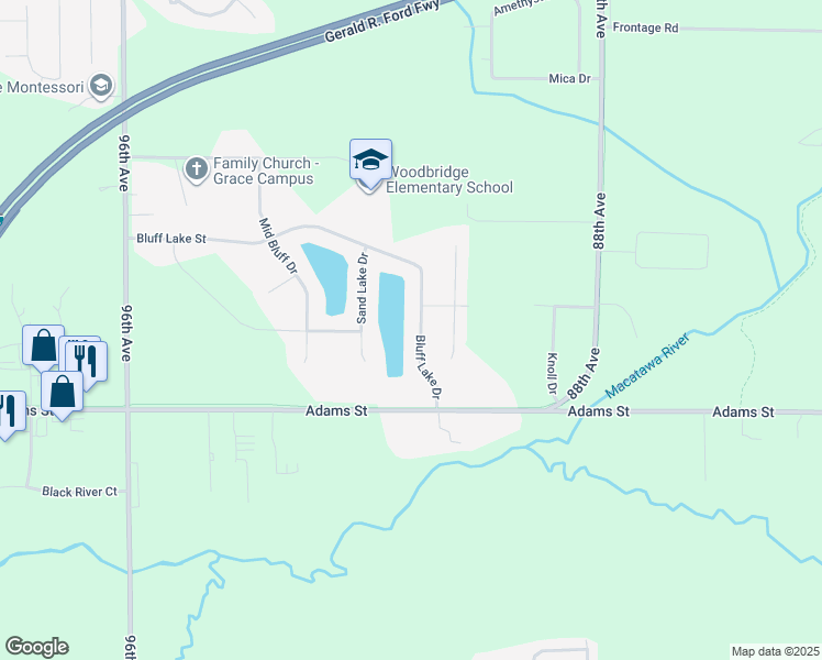 map of restaurants, bars, coffee shops, grocery stores, and more near 943 Bluff Lake Drive in Zeeland