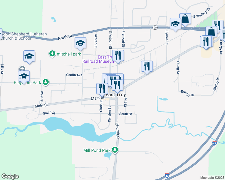 map of restaurants, bars, coffee shops, grocery stores, and more near 2888 Main Street in East Troy