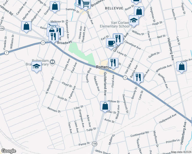 map of restaurants, bars, coffee shops, grocery stores, and more near 12 Lawndale Avenue in Rotterdam