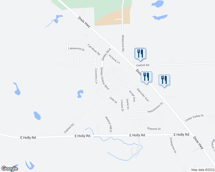 map of restaurants, bars, coffee shops, grocery stores, and more near 6551 Hunters Ridge in Holly