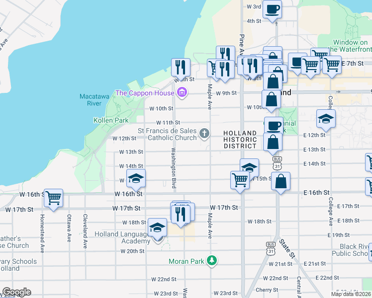 map of restaurants, bars, coffee shops, grocery stores, and more near 201 West 13th Street in Holland