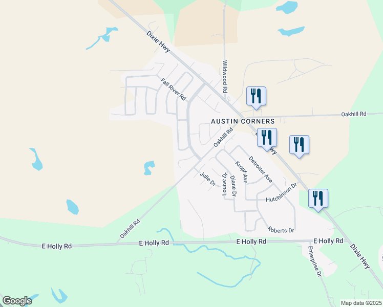 map of restaurants, bars, coffee shops, grocery stores, and more near 6551 Hunters Ridge in Holly
