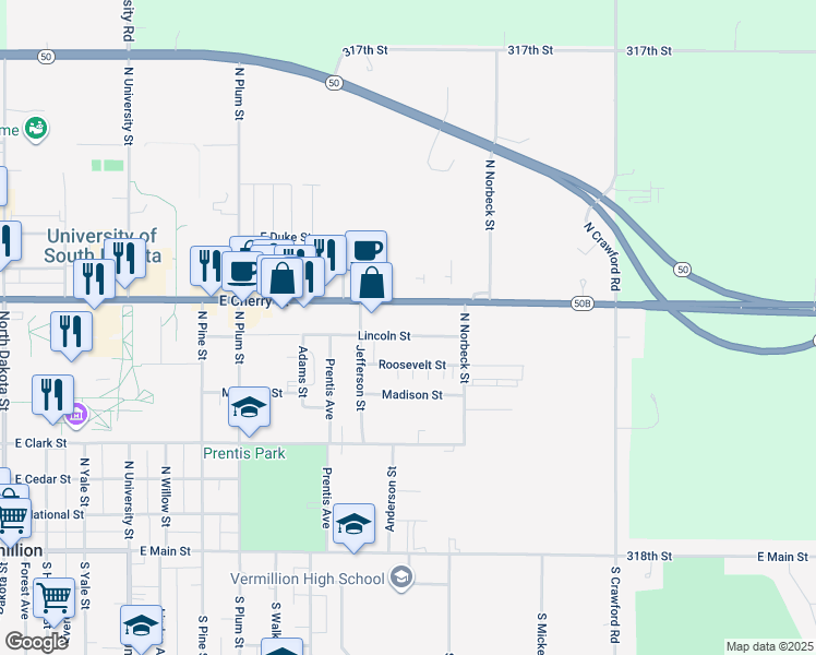 map of restaurants, bars, coffee shops, grocery stores, and more near 1210 Lincoln Street in Vermillion