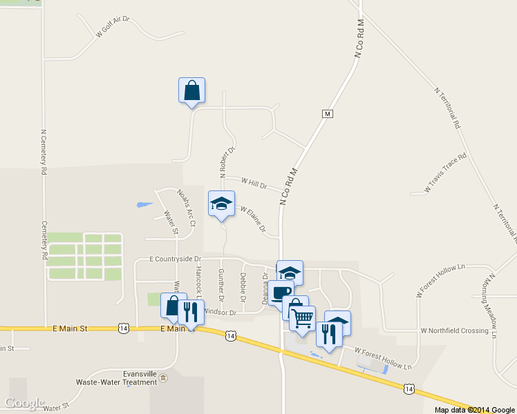 map of restaurants, bars, coffee shops, grocery stores, and more near 13906 West Elaine Drive in Evansville