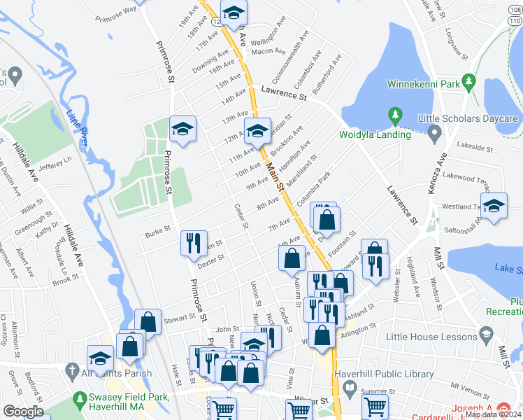 map of restaurants, bars, coffee shops, grocery stores, and more near 20 8th Avenue in Haverhill