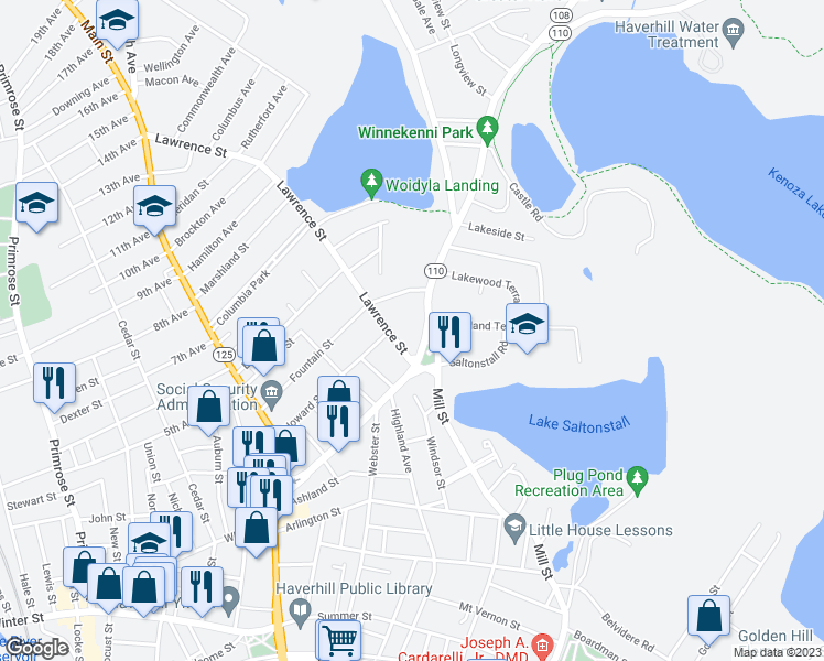 map of restaurants, bars, coffee shops, grocery stores, and more near 208 Kenoza Avenue in Haverhill