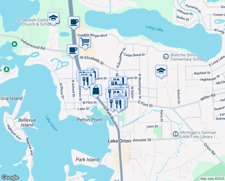 map of restaurants, bars, coffee shops, grocery stores, and more near 137 North Lapeer Street in Orion charter Township