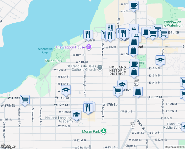 map of restaurants, bars, coffee shops, grocery stores, and more near 201 West 13th Street in Holland