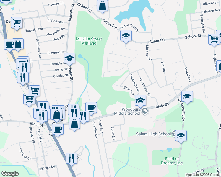 map of restaurants, bars, coffee shops, grocery stores, and more near 21 Briar Avenue in Salem